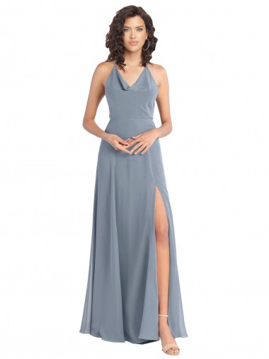 V-Back Dusty Blue Soft Chiffon Halter Neck Long Sleeveless Bridesmaid Dress Southampton