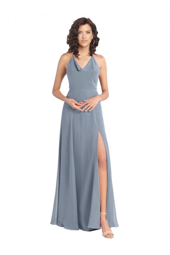 V-Back Dusty Blue Soft Chiffon Halter Neck Long Sleeveless Bridesmaid Dress Southampton
