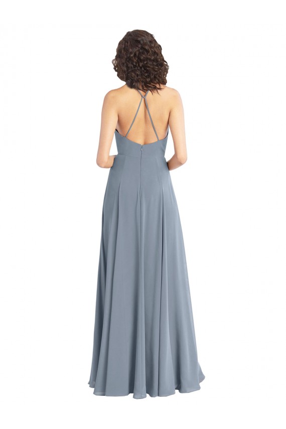 V-Back Dusty Blue Soft Chiffon Halter Neck Long Sleeveless Bridesmaid Dress Southampton