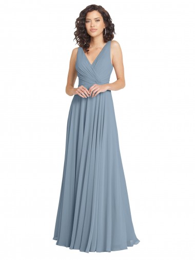 V-Back A-Line Dusty Blue V-Neck Long Sleeveless Bridesmaid Dress Southampton