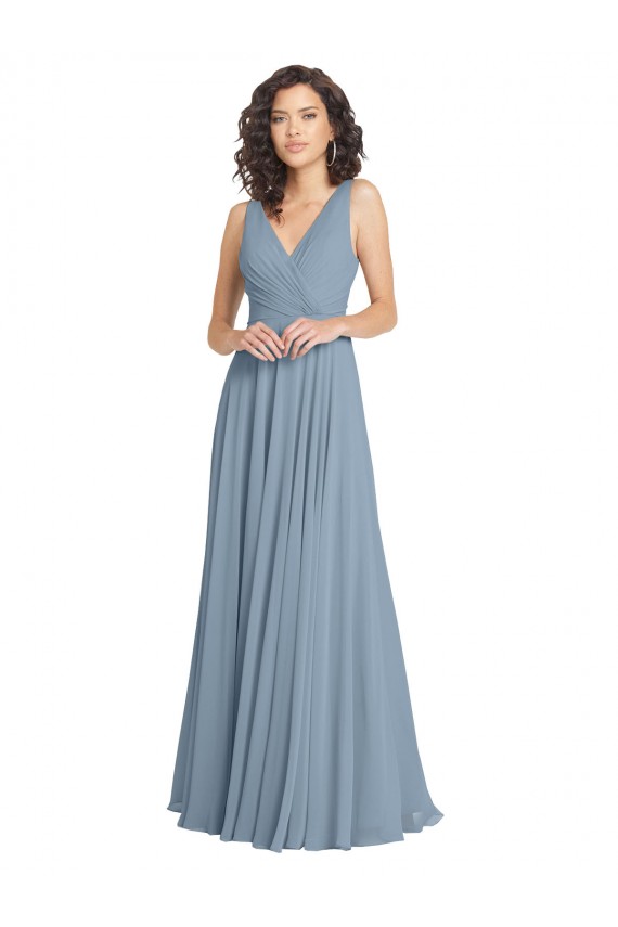 V-Back A-Line Dusty Blue V-Neck Long Sleeveless Bridesmaid Dress Southampton
