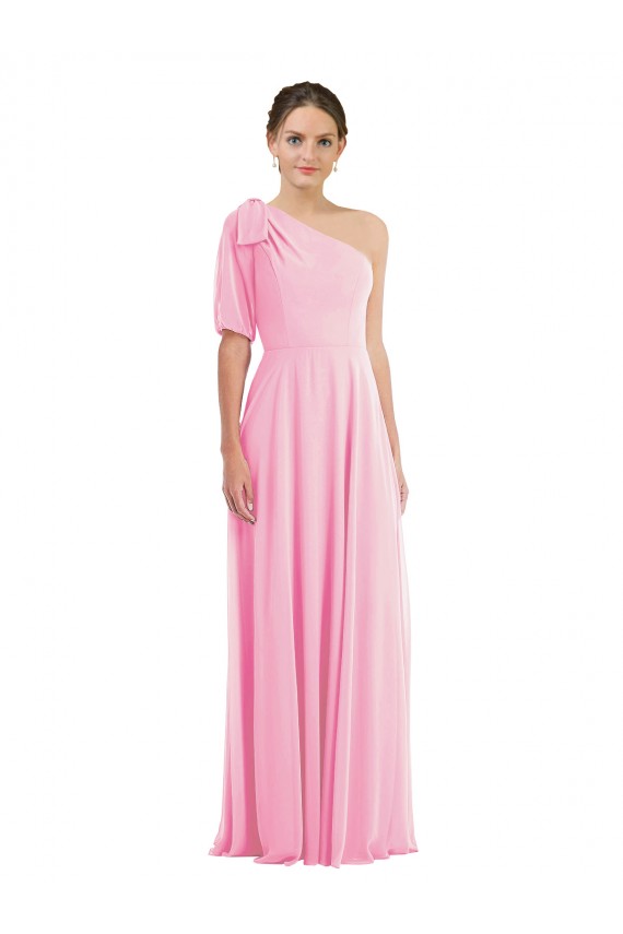 Barely Pink Soft Chiffon One Shoulder Long Sleeveless Semi Formal Evening Dress / Bridesmaid Dress Southampton