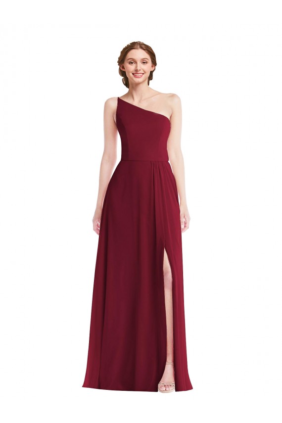 Burgundy Soft Chiffon One Shoulder Long Sleeveless Semi Formal Evening Dress / Bridesmaid Dress Southampton