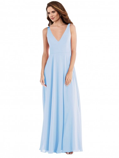 Light Sky Blue Soft Chiffon V-Neck Long Sleeveless Semi Formal Evening Dress / Bridesmaid Dress Southampton