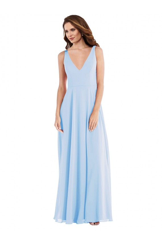Light Sky Blue Soft Chiffon V-Neck Long Sleeveless Semi Formal Evening Dress / Bridesmaid Dress Southampton