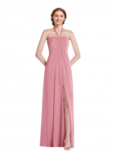 Open Back Skin Pink Soft Chiffon Halter Neck Long Sleeveless Semi Formal Evening Dress / Bridesmaid Dress Southampton
