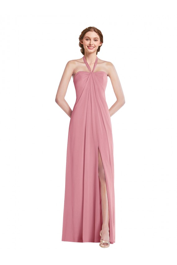 Open Back Skin Pink Soft Chiffon Halter Neck Long Sleeveless Semi Formal Evening Dress / Bridesmaid Dress Southampton