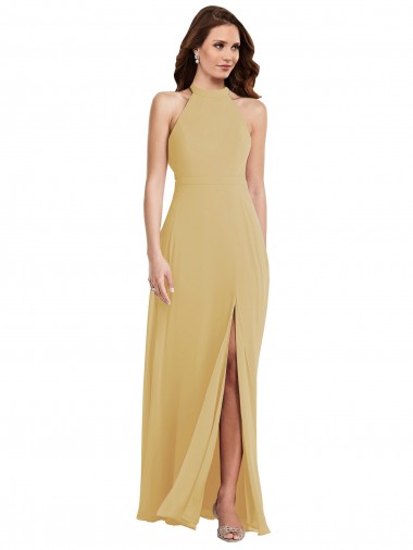 Open Back Gold Soft Chiffon Halter Neck Long Sleeveless Semi Formal Evening Dress / Bridesmaid Dress Southampton