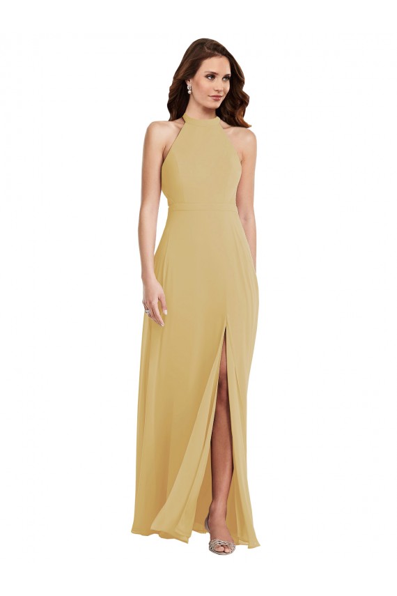 Open Back Gold Soft Chiffon Halter Neck Long Sleeveless Semi Formal Evening Dress / Bridesmaid Dress Southampton