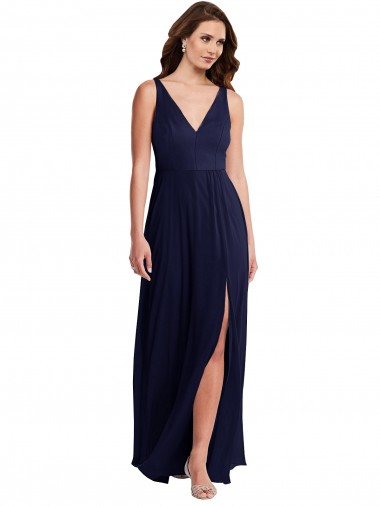 V-Back Dark Navy Soft Chiffon V-Neck Long Sleeveless Black Tie Evening Gown / Bridesmaid Dress Southampton