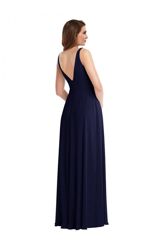 V-Back Dark Navy Soft Chiffon V-Neck Long Sleeveless Black Tie Evening Gown / Bridesmaid Dress Southampton