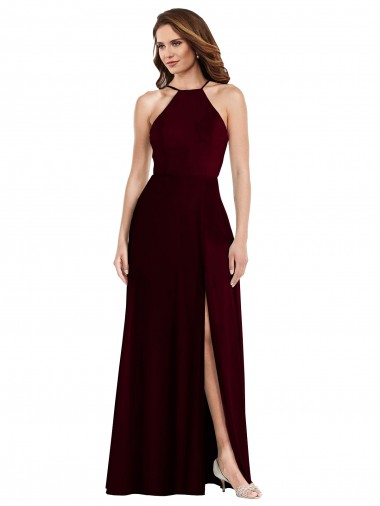 Low Back Burgundy Gold Soft Chiffon Spaghetti Straps Long Sleeveless Semi Formal Evening Dress / Bridesmaid Dress Southampton