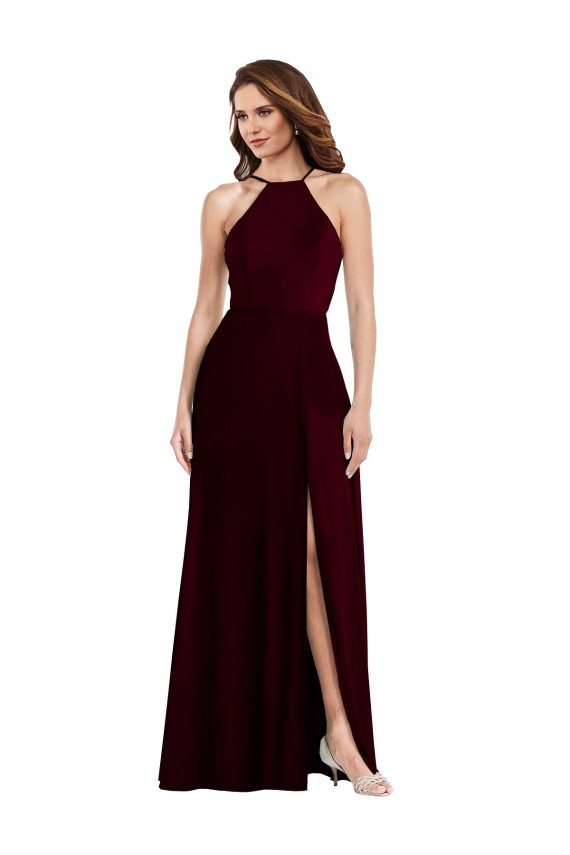 Low Back Burgundy Gold Soft Chiffon Spaghetti Straps Long Sleeveless Semi Formal Evening Dress / Bridesmaid Dress Southampton