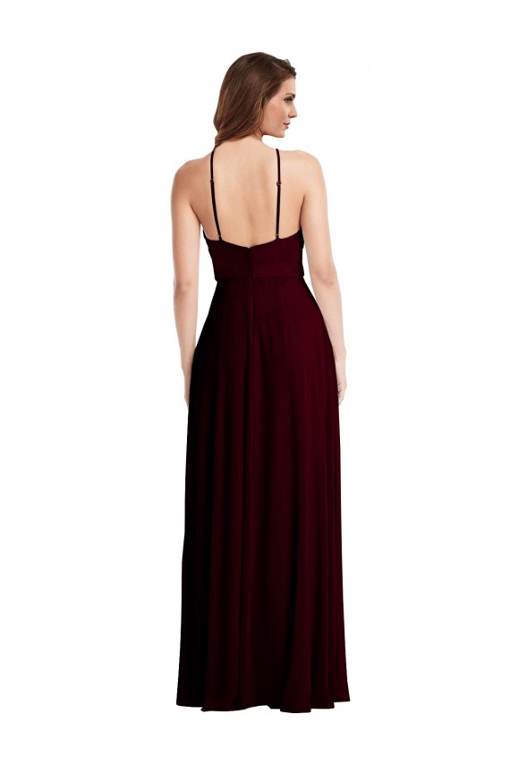 Low Back Burgundy Gold Soft Chiffon Spaghetti Straps Long Sleeveless Semi Formal Evening Dress / Bridesmaid Dress Southampton