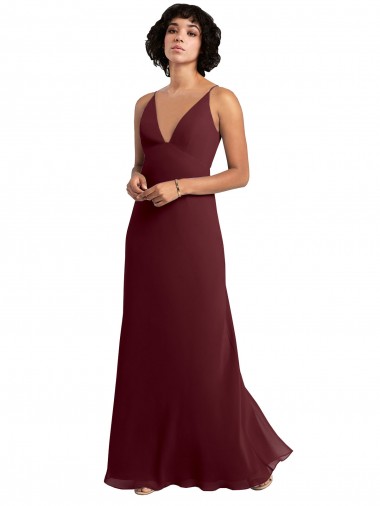 V-Back Burgundy Gold Soft Chiffon V-Neck Long Sleeveless Bridesmaid Dress / Formal Dress Southampton