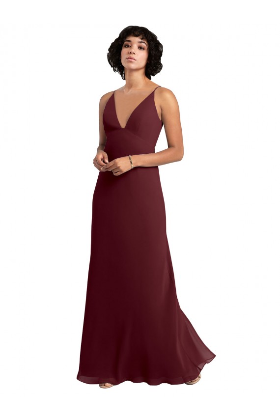 V-Back Burgundy Gold Soft Chiffon V-Neck Long Sleeveless Bridesmaid Dress / Formal Dress Southampton