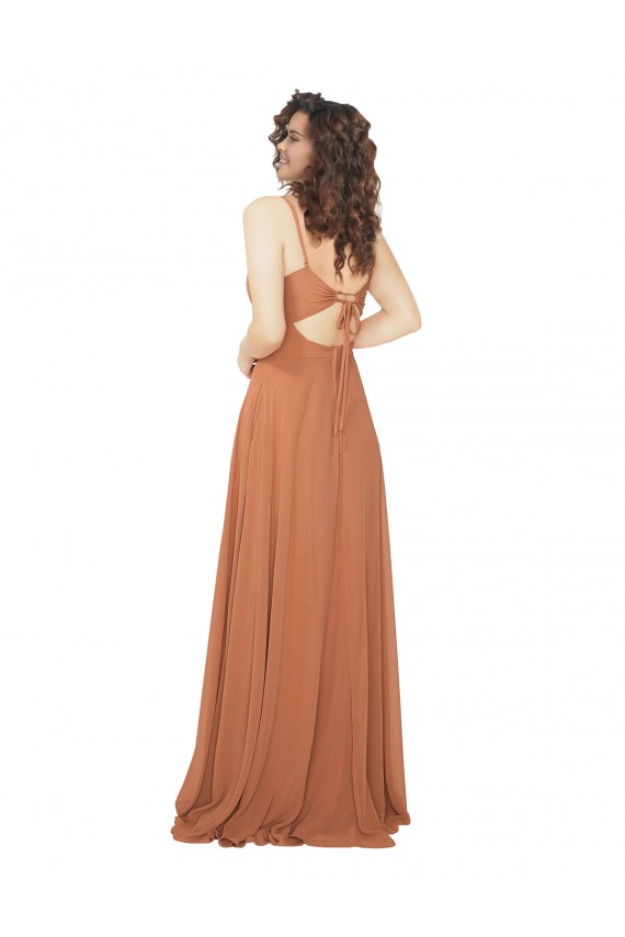 Keyhole Back Rosewood Soft Chiffon V-Neck Long Sleeveless Bridesmaid Dress Southampton
