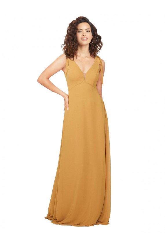Keyhole Back Saffron Soft Chiffon V-Neck Long Sleeveless Bridesmaid Dress Southampton