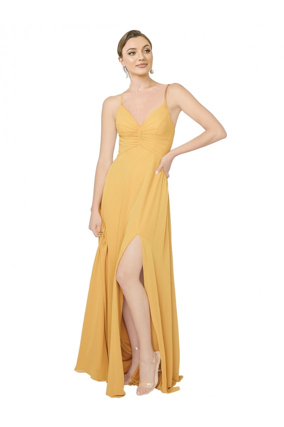 Open Back Saffron Chiffon V-Neck Long Sleeveless Bridesmaid Dress / Evening Dress Southampton