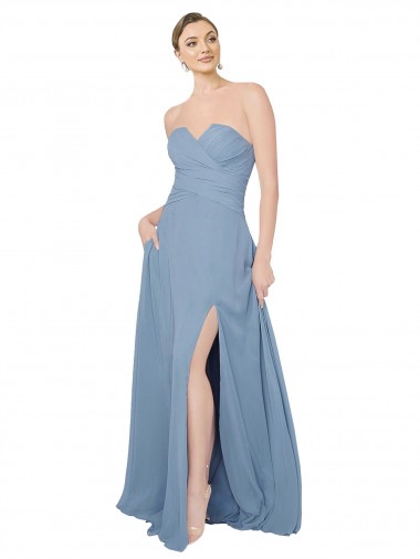 Low Back Dusty Blue Chiffon Sweetheart Long Sleeveless Bridesmaid Dress / Evening Dress Southampton