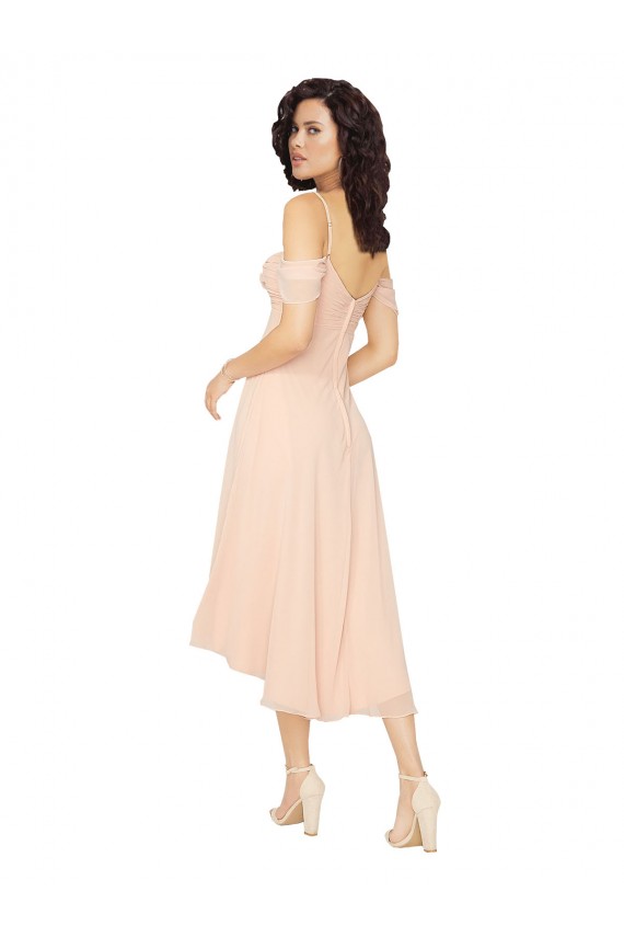 Low Back Soft Chiffon Square Neck Midi Length Cold Shoulder High Low Bridesmaid Dress Southampton