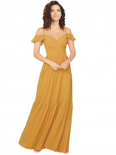 Keyhole Back Soft Chiffon V-Neck Long Cold Shoulder Bridesmaid Dress Southampton
