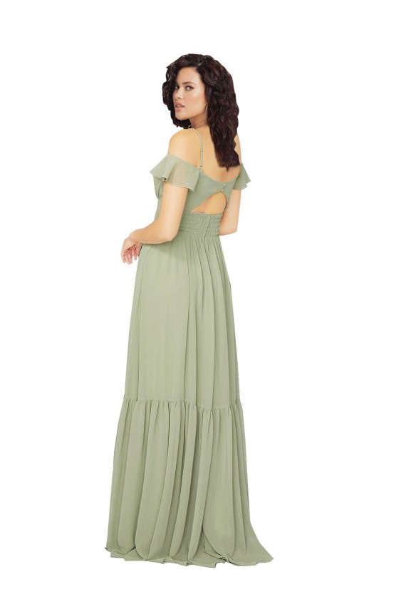 Keyhole Back Soft Chiffon V-Neck Long Cold Shoulder Bridesmaid Dress Southampton