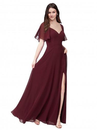 Keyhole Back Soft Chiffon Sweetheart Long Short Flutter Sleeves Formal Dress / Bridesmaid Dress Southampton