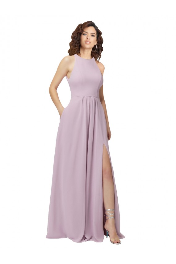 Keyhole Back Pink Glow Soft Chiffon Halter Neck Long Sleeveless Bridesmaid Dress Southampton