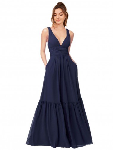 V-Back Chiffon V-Neck Long Full Length Sleeveless Evening Gowns / Bridesmaid Dress Southampton