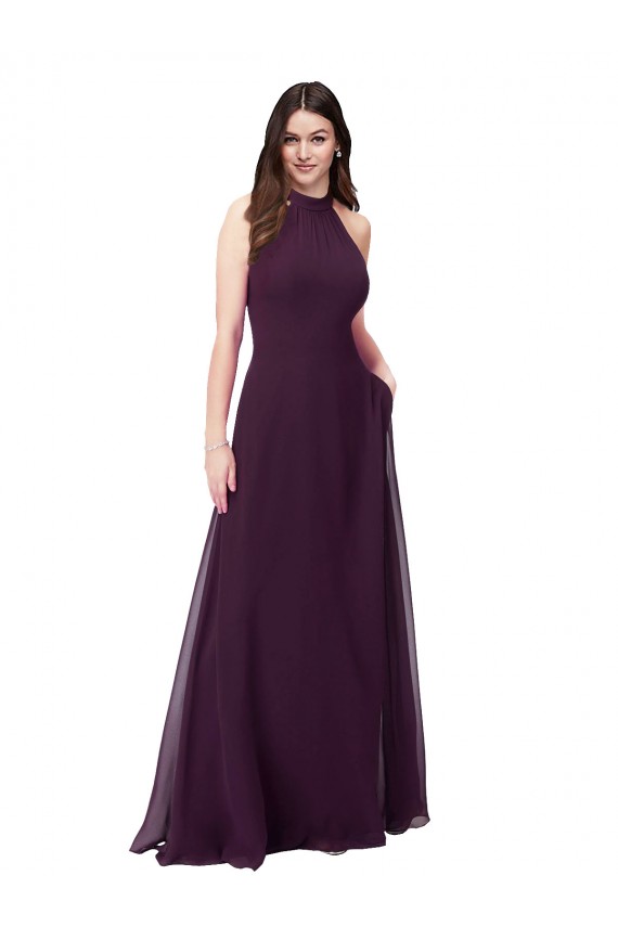 Keyhole Back Grape Soft Chiffon Halter Neck Long Sleeveless Bridesmaid Dress Southampton
