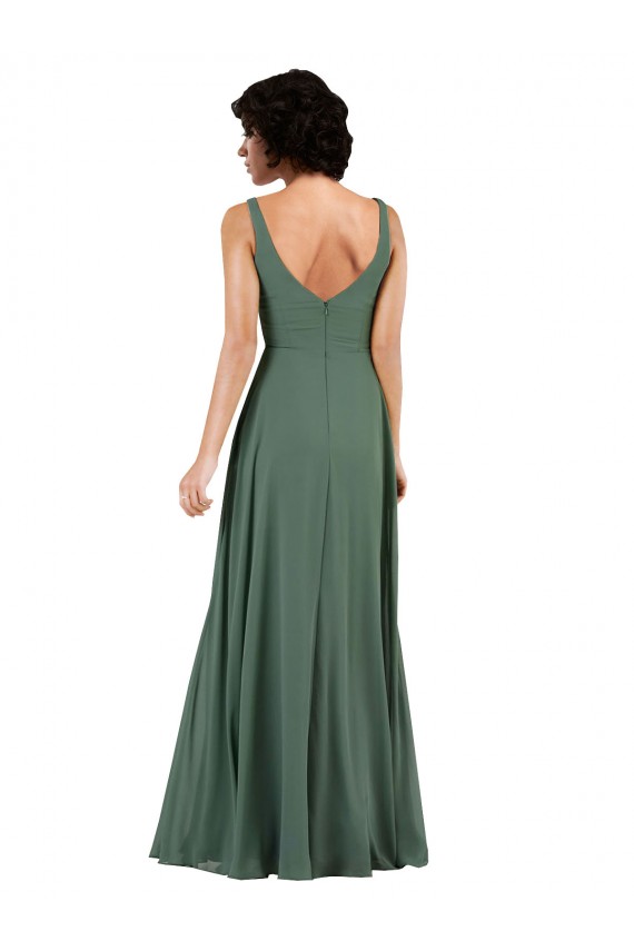 Low Back Sea Glass Soft Chiffon V-Neck Long Sleeveless Bridesmaid Dress Southampton