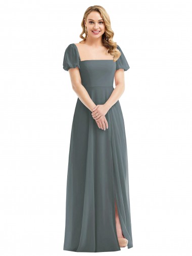 Soft Chiffon Square Neck Long Puff Sleeves Semi Formal Evening Dress / Bridesmaid Dress Southampton