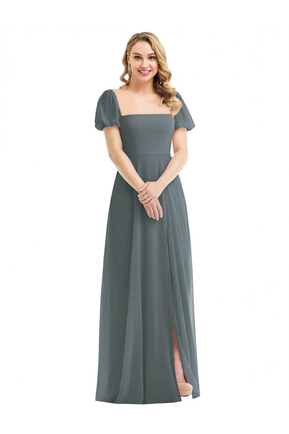 Soft Chiffon Square Neck Long Puff Sleeves Semi Formal Evening Dress / Bridesmaid Dress Southampton