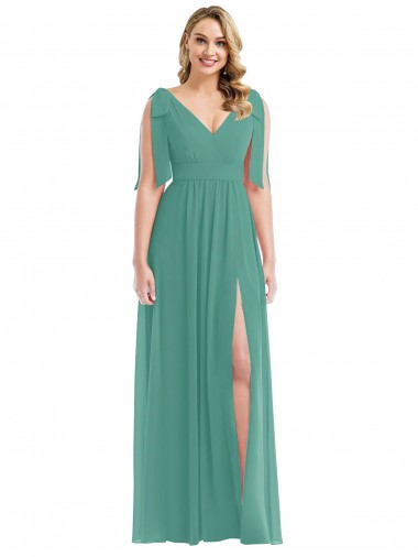 V-Back Icelandic Silver Soft Chiffon V-Neck Long Sleeveless Semi Formal Evening Dress / Bridesmaid Dress Southampton