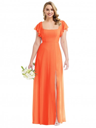 Open Back Soft Chiffon Square Neck Long Flutter Sleeves Semi Formal Evening Dress / Bridesmaid Dress Southampton