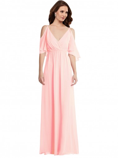 V-Back Soft Chiffon V-Neck Long Cold Shoulder Semi Formal Evening Dress / Bridesmaid Dress Southampton