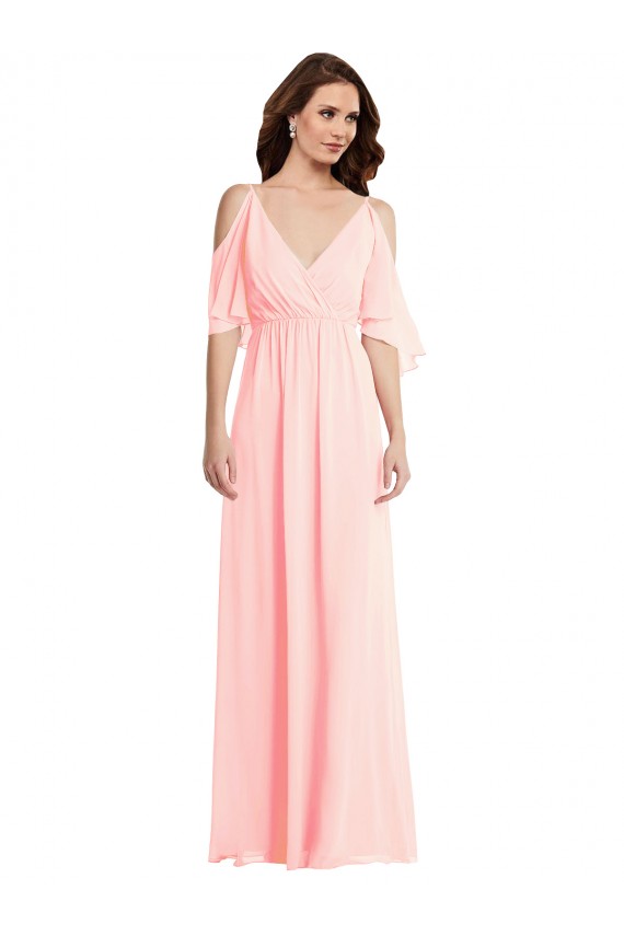 V-Back Soft Chiffon V-Neck Long Cold Shoulder Semi Formal Evening Dress / Bridesmaid Dress Southampton