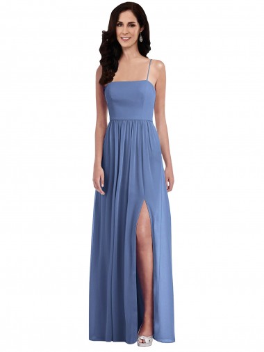 Low Back Windsor Blue Soft Chiffon Spaghetti Straps Long Sleeveless Semi Formal Evening Dress / Bridesmaid Dress Southampton
