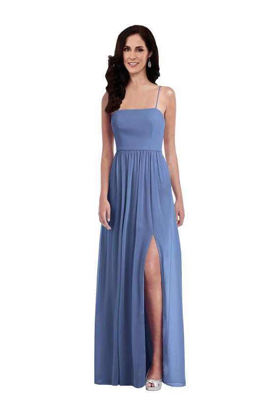 Low Back Windsor Blue Soft Chiffon Spaghetti Straps Long Sleeveless Semi Formal Evening Dress / Bridesmaid Dress Southampton