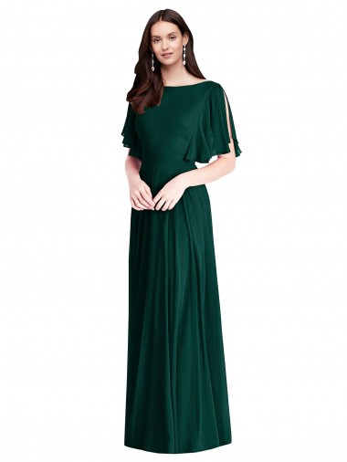V-Back Soft Chiffon Bateau Neck Long Bell Sleeves Semi Formal Evening Dress / Bridesmaid Dress Southampton