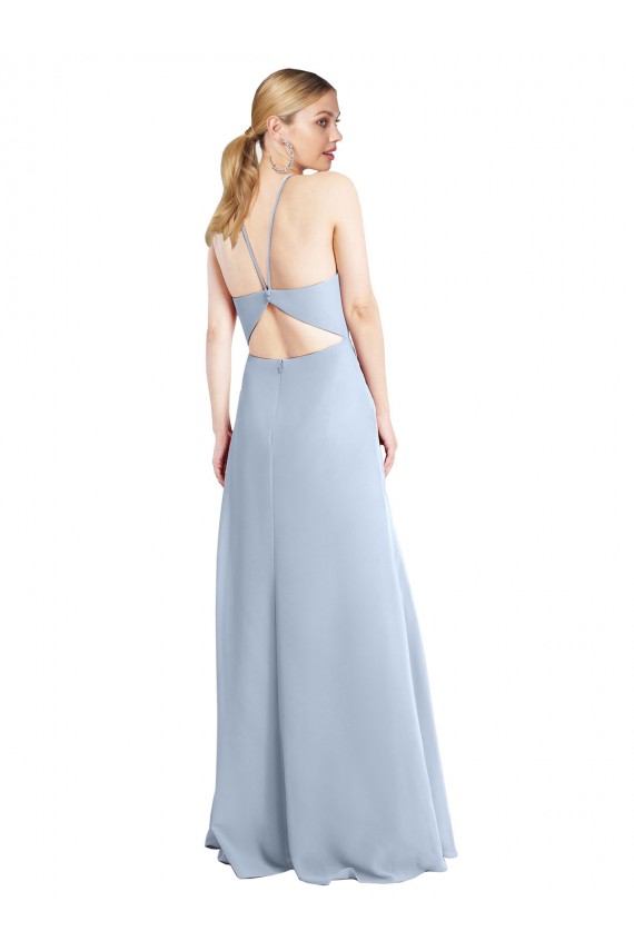 Open Back Light Sky Blue Chiffon Halter Neck Long Sleeveless Bridesmaid Dress / Evening Dress Southampton