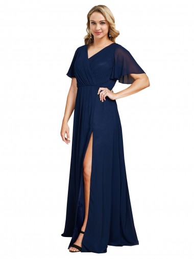 Soft Chiffon V-Neck Long Short Flutter Sleeves Formal Plus Size Evening Gown / Prom Dress / Bridesmaid Dress Southampton