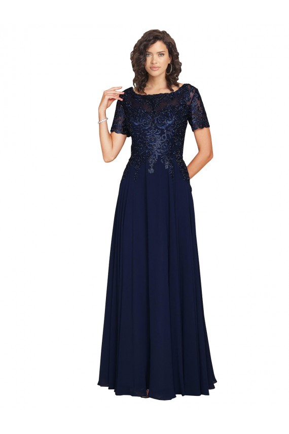 Soft Chiffon Round Neck Short Sleeves Long Prom Dress / Bridesmaid Dress Southampton