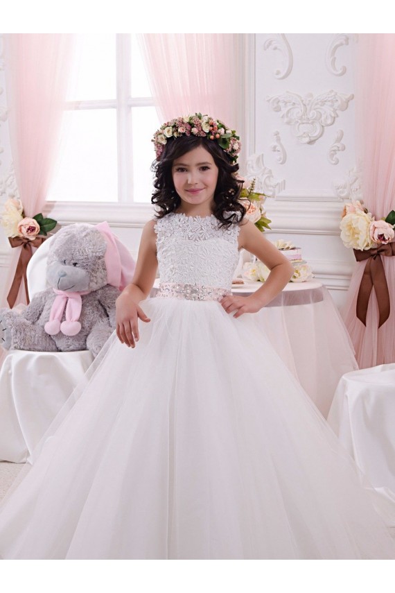V-Back Tulle & Lace Bateau Neck Chapel Train Sleeveless Flower Girl Dress Southampton
