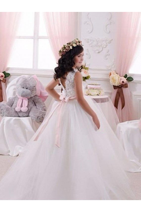 V-Back Tulle & Lace Bateau Neck Chapel Train Sleeveless Flower Girl Dress Southampton