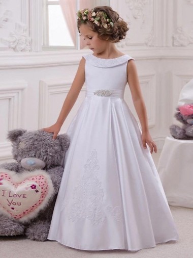 Satin & Lace Bateau Neck Long Sleeveless Flower Girl Dresses Southampton