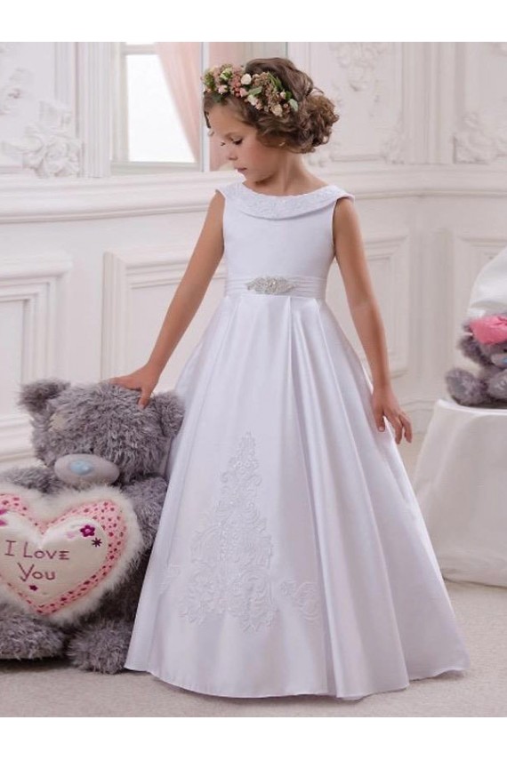 Satin & Lace Bateau Neck Long Sleeveless Flower Girl Dresses Southampton