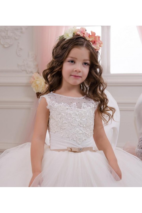 Tulle & Lace Bateau Neck Chapel Train Sleeveless Flower Girl Wedding Dress Southampton