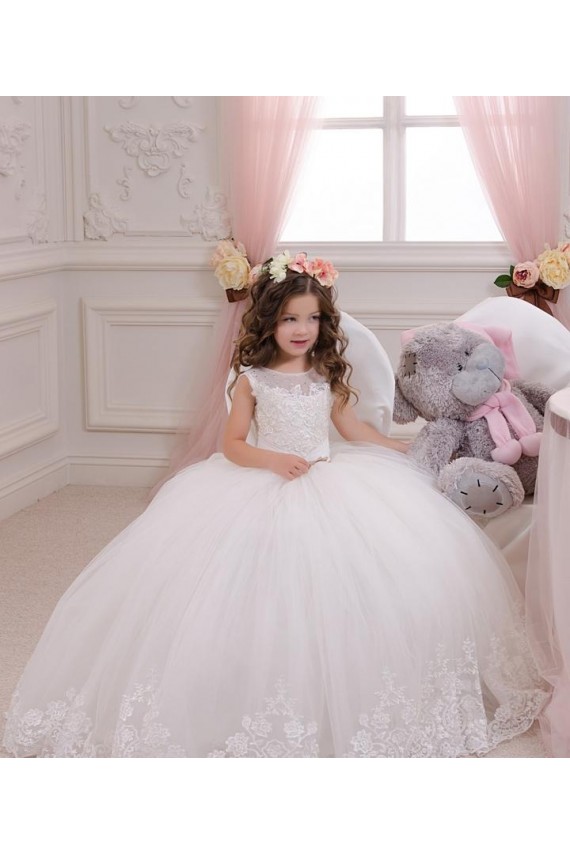 Tulle & Lace Bateau Neck Chapel Train Sleeveless Flower Girl Wedding Dress Southampton
